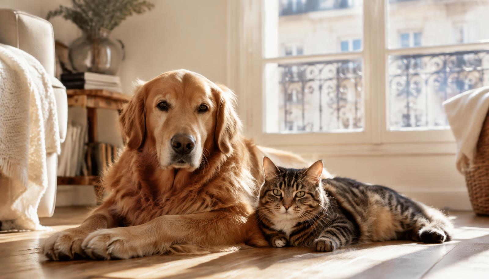 Un chien et un chat allongés côte à côte dans un appartement ensoleillé